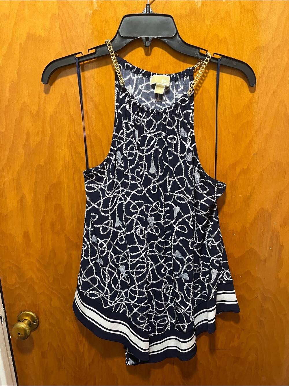 Michael Kors Navy Rope-Print Halter Camisole with Gold Chain Straps